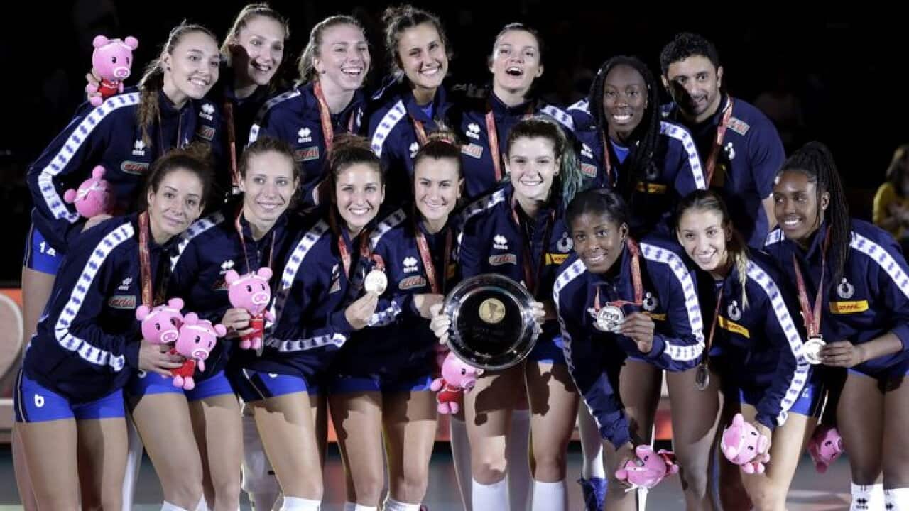 Italian players celebrate after winning the second place at the FIVB Volleyball Women's World Championship in Yokohama, south of Tokyo, Japan, 20 October 2018. EPA/KIYOSHI OTA