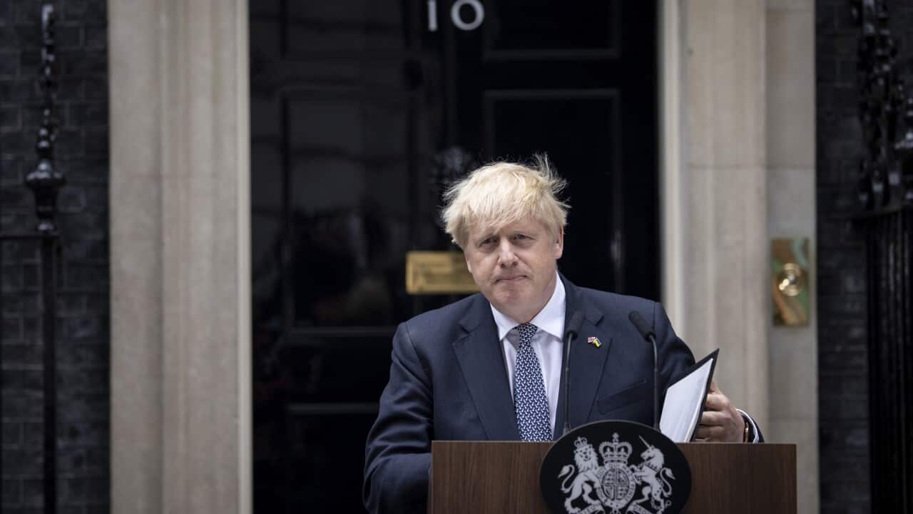 UK Prime Minister Boris Johnson reads a statement outside 10 Downing Street, London, formally resigning as Conservative Party leader