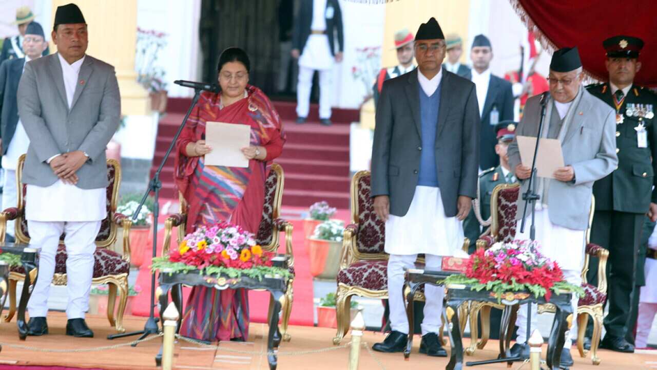 Nepal's Prime Minister KP Sharma Oli taking oath of office from President Bidhya devi Bhandari on 15 Feb 2018.