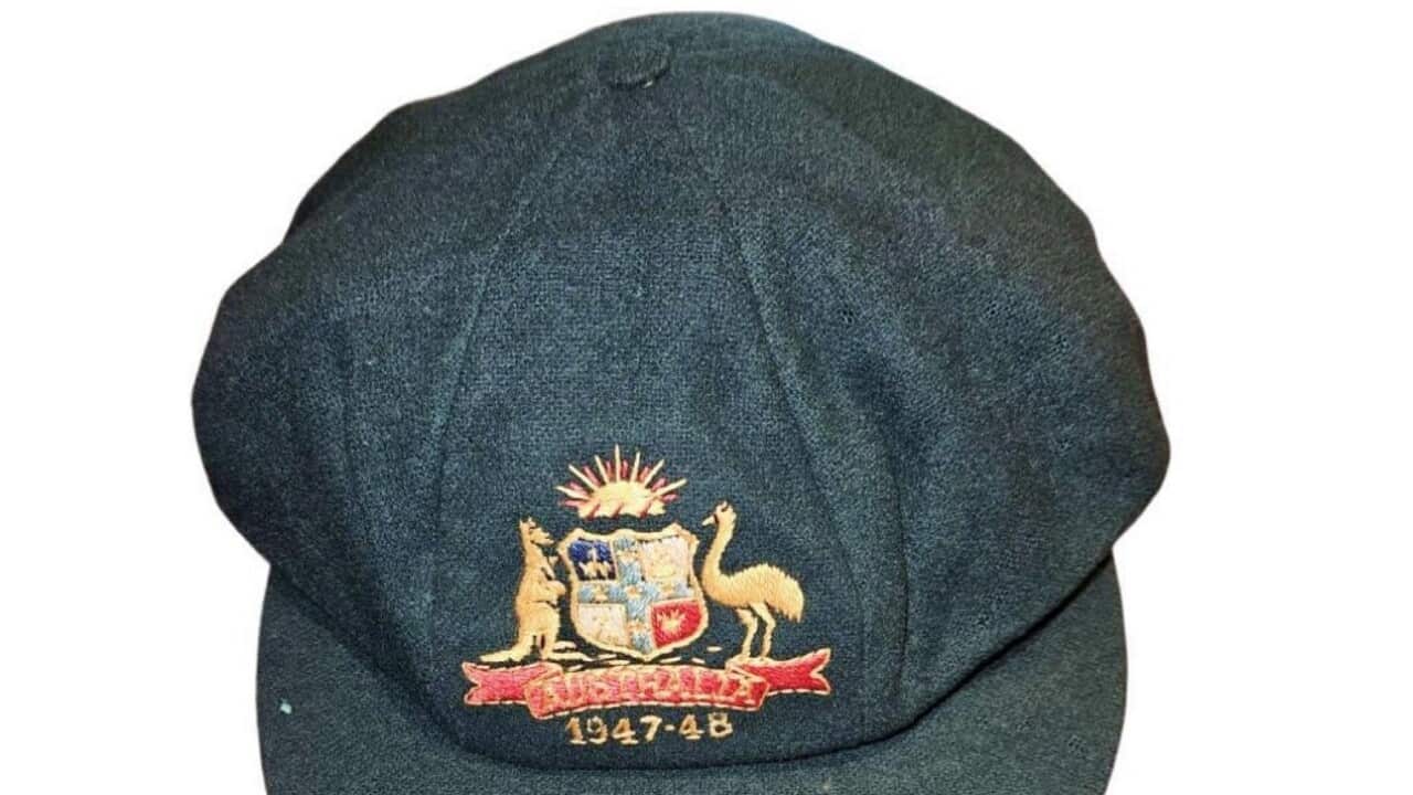 The 1947–48 Donald Bradman Baggy Green which was auctioned (AAP).jpg