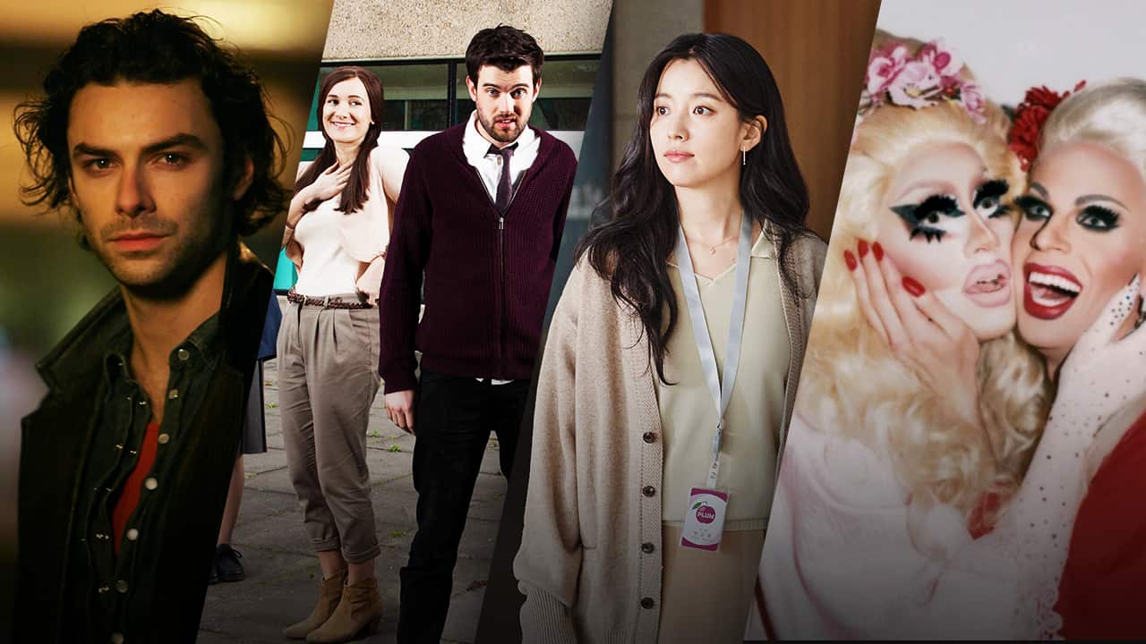 Four images from four different TV shows, from left to right, ‘Being Human’, ‘Bad Education’, ‘Dramaworld’, ‘The Trixie and Katya Show’.png