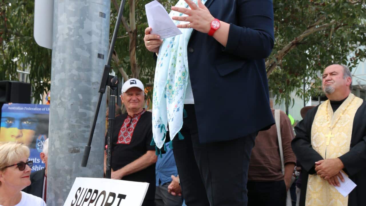 Natalie Suleyman MP - Anti-war protest in Melbourne against invasion of Ukraine, 27/02/2022.