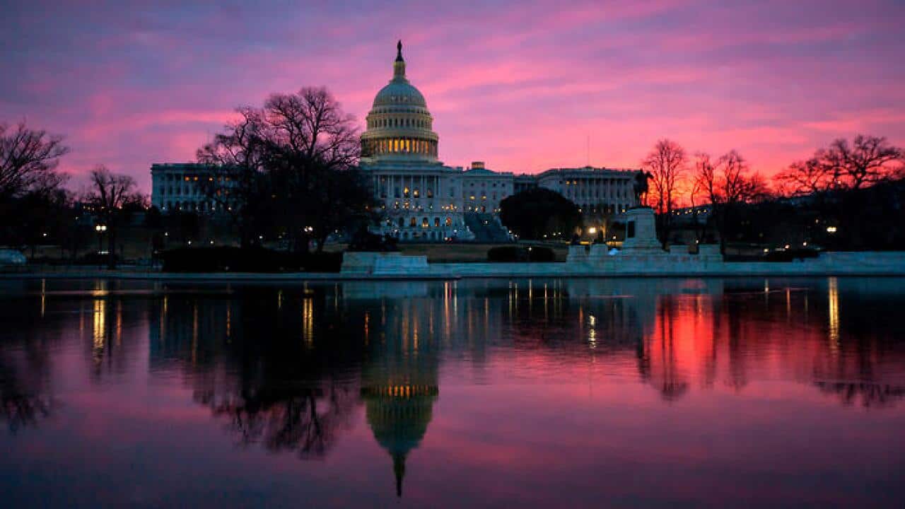 The view of US Congress in Washington in the evening.