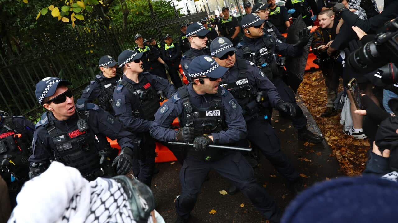 A large group of police aggressively clash with protesters.
