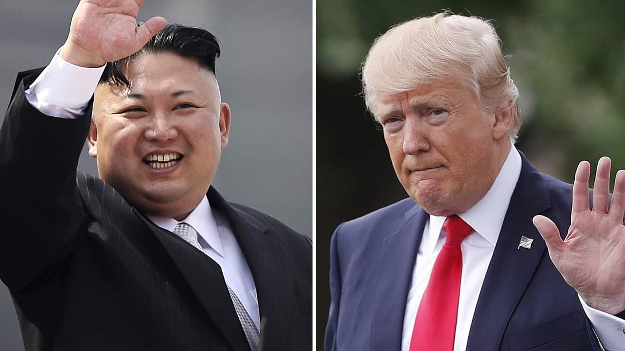 North Korean leader Kim Jong Un on April 15, 2017, in Pyongyang, North Korea, left, and U.S. President Donald Trump in Washington on April 29, 2017.