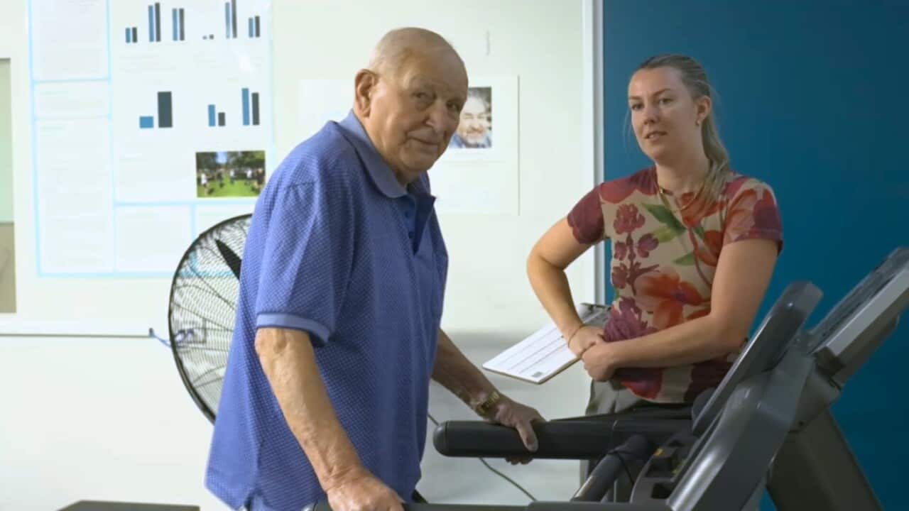 Mario Raspor walks on a treadmill.