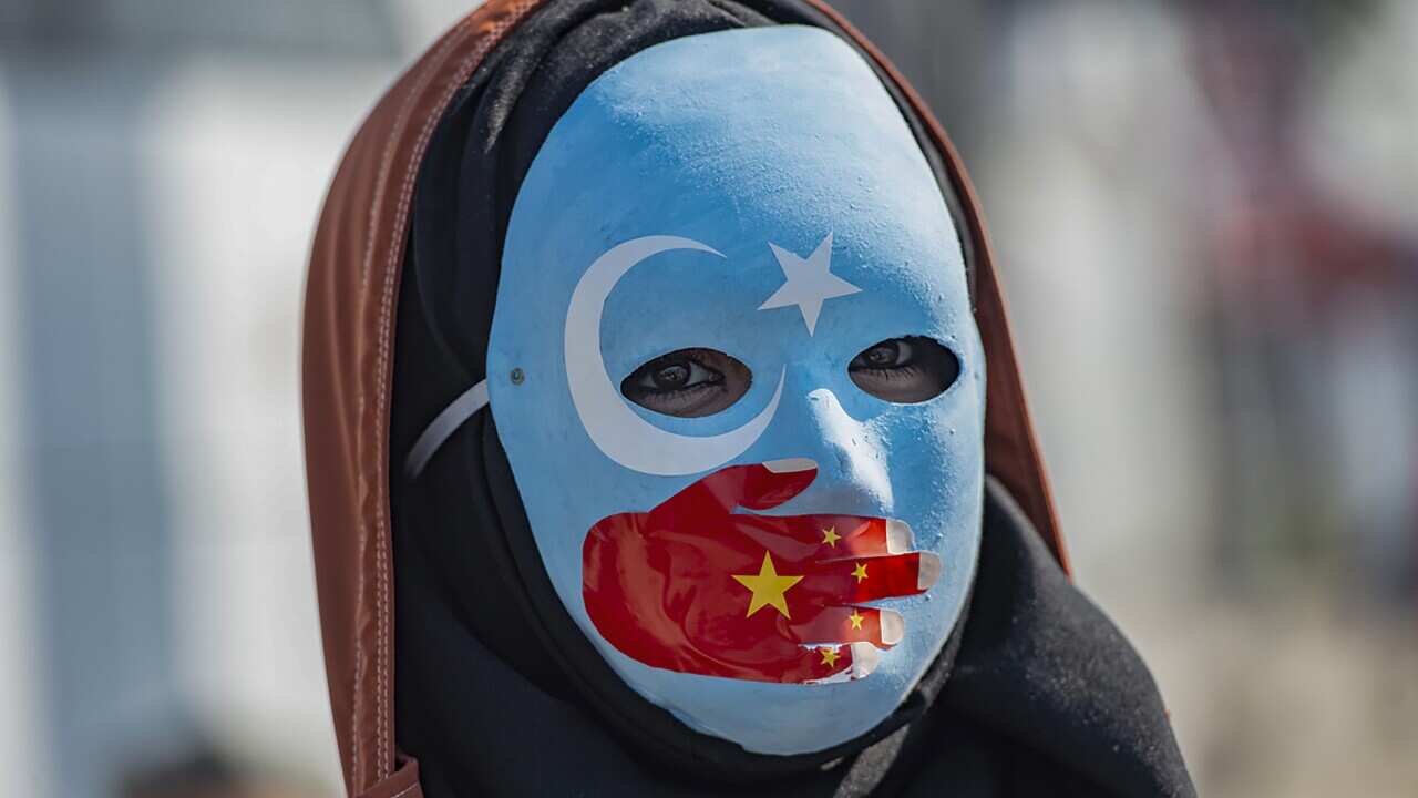 A demonstrator wears a mask painted with the colours of the flag of East Turkestan and a hand bearing the colours of the Chinese flag.