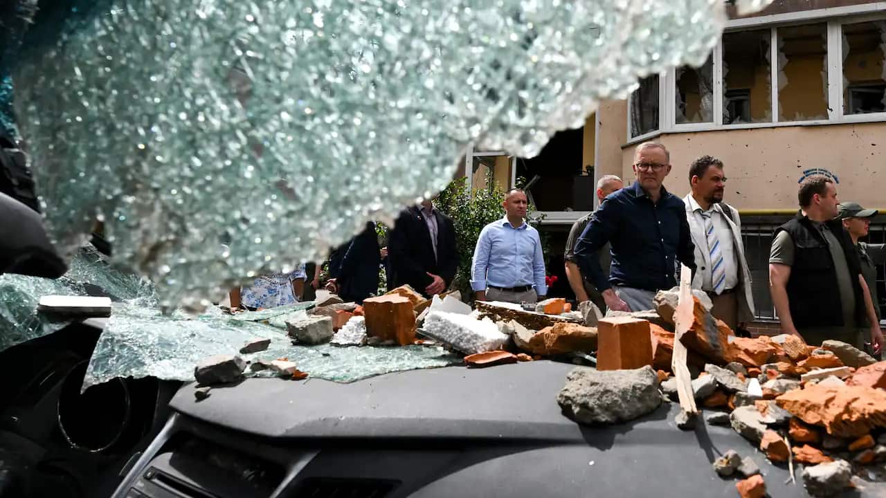 Anthony Albanese tours damaged residential areas in Irpin on the outskirts of Kyiv, Ukraine.