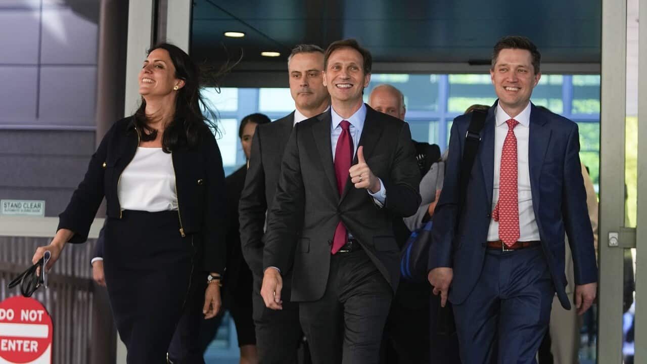 Lawyers for Dominion Voting Systems leave New Castle County Courthouse in Wilmington, Delaware, US