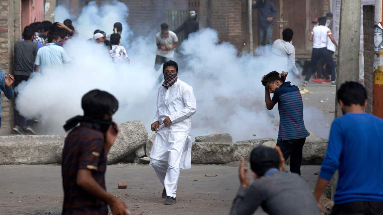Kashmiri Muslims take part in a protest, in Srinagar, the summer capital of Indian Kashmir.