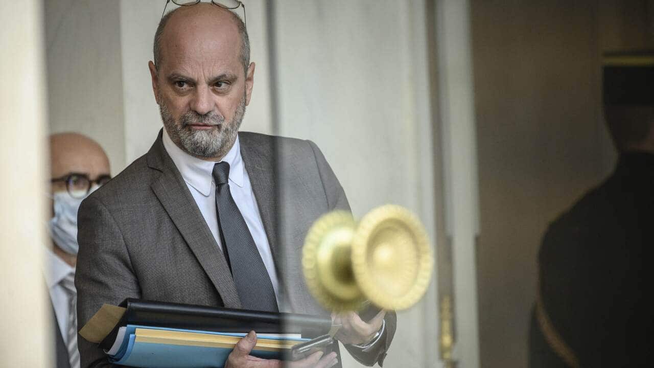 French Education, Youth and Sports Minister Jean-Michel Blanquer speaks on the phone as he leaves the Elysee Presidential Palace after a weekly cabinet meeting on November 3, 2021 in Paris. Photo by ELIOT BLONDET/ABACAPRESS.COM.