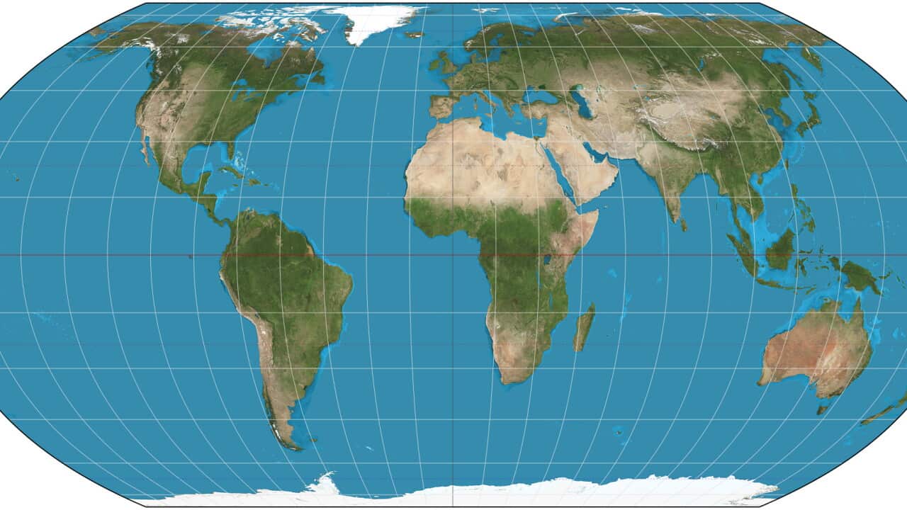World map showing all continents and oceans in an equal-area projection, overlaid with latitude and longitude grid lines, with the equator marked across the centre.