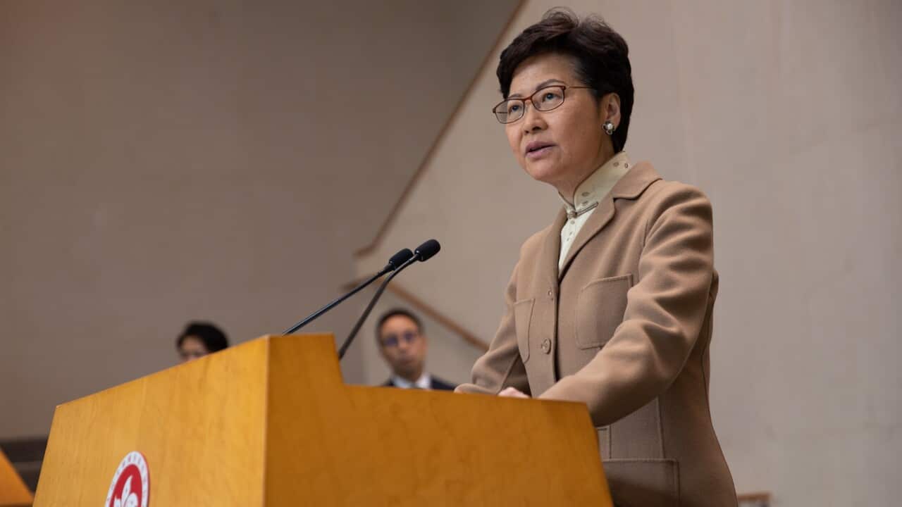 Hong Kong Chief Executive Carrie Lam attends a press conference in Hong Kong