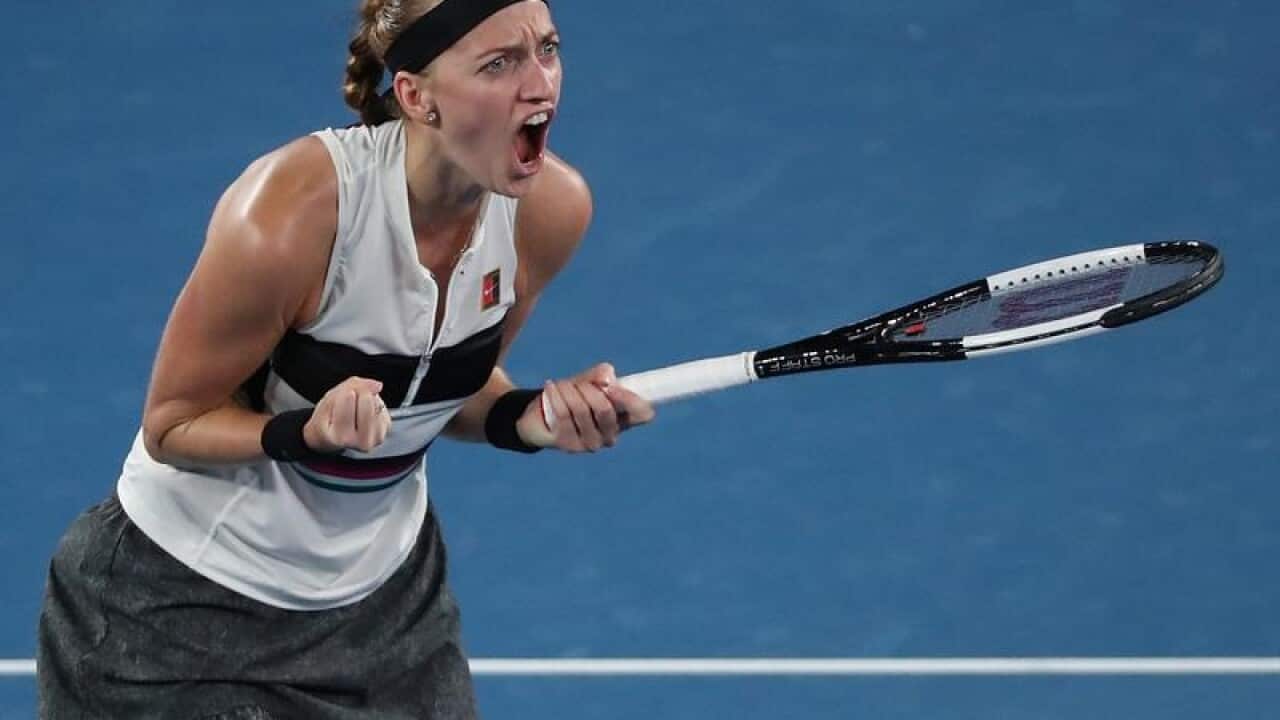 Petra Kvitova of the Czech Republic reacts.