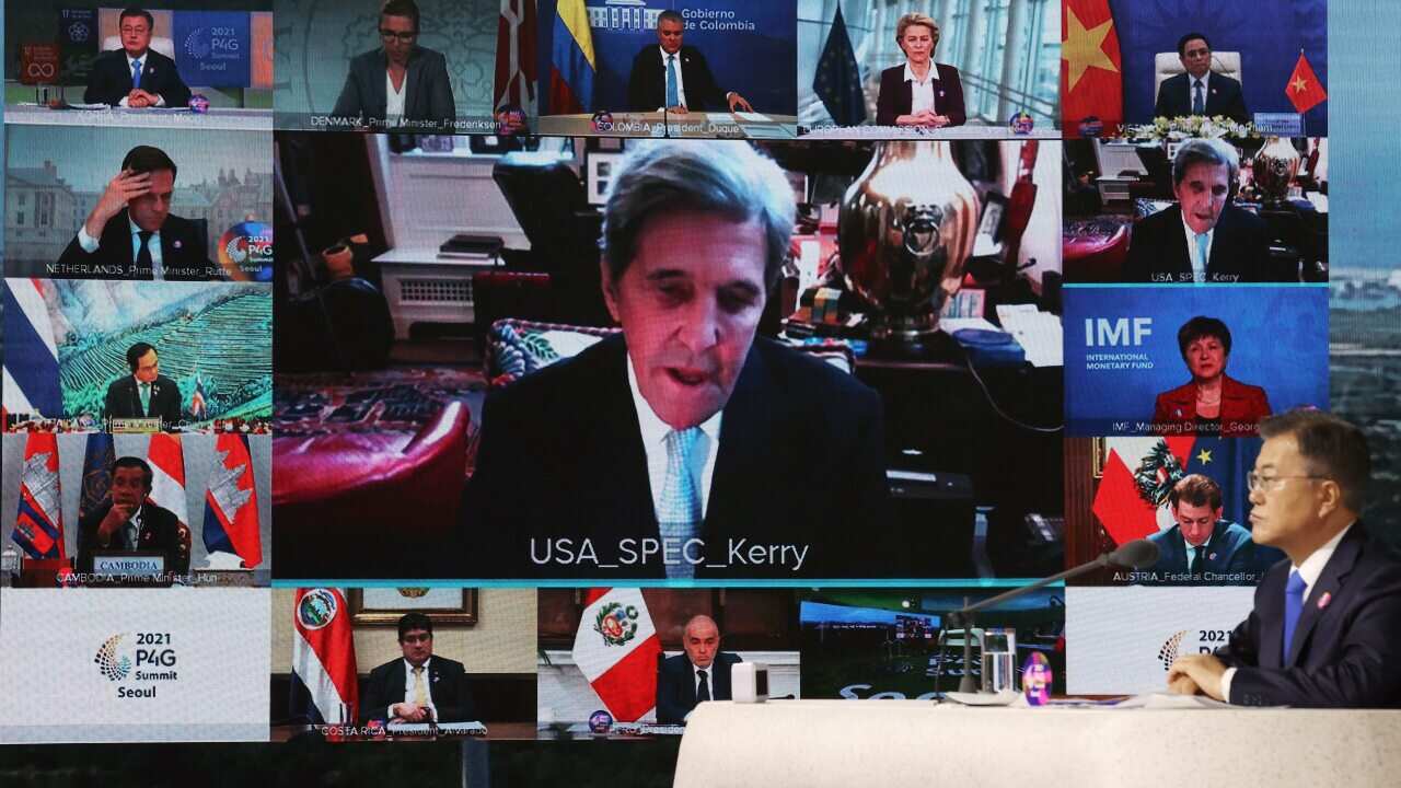 John Kerry, US special presidential envoy for climate, speaks during the virtual Leaders' Dialogue session of the P4G Seoul Summit.