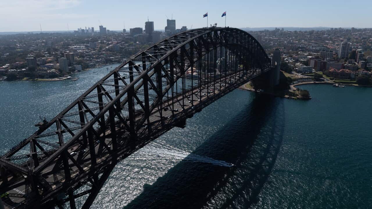 An aerial view of the Sydney Barbour Bridge, taken from an Australian Army Black Hawk helicopter, in Sydney, Friday, September 6, 2019. (AAP Image/Paul Braven) NO ARCHIVING