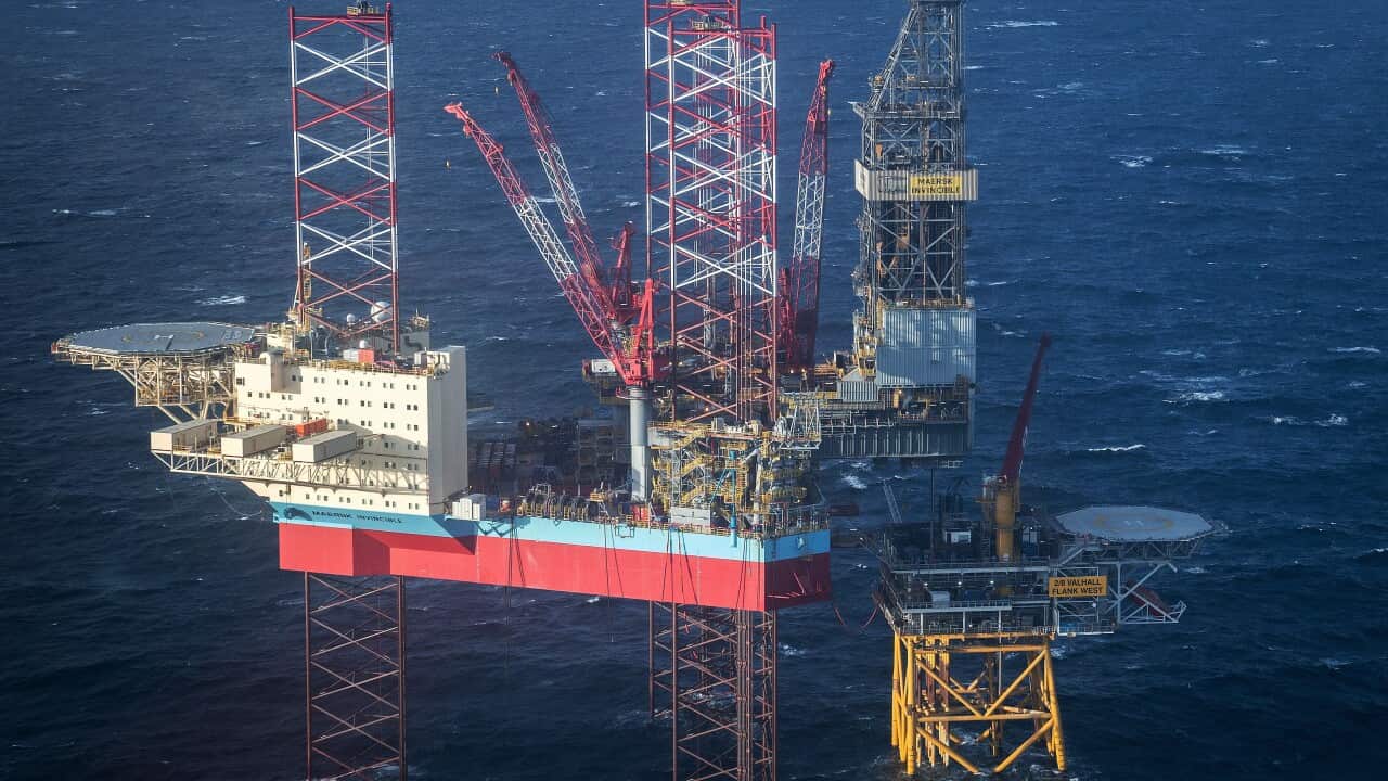 The jack-up rig Maersk Invincible, located in the middle of the North Sea, in the waters between the British Isles, Norway and Denmark in October 2019