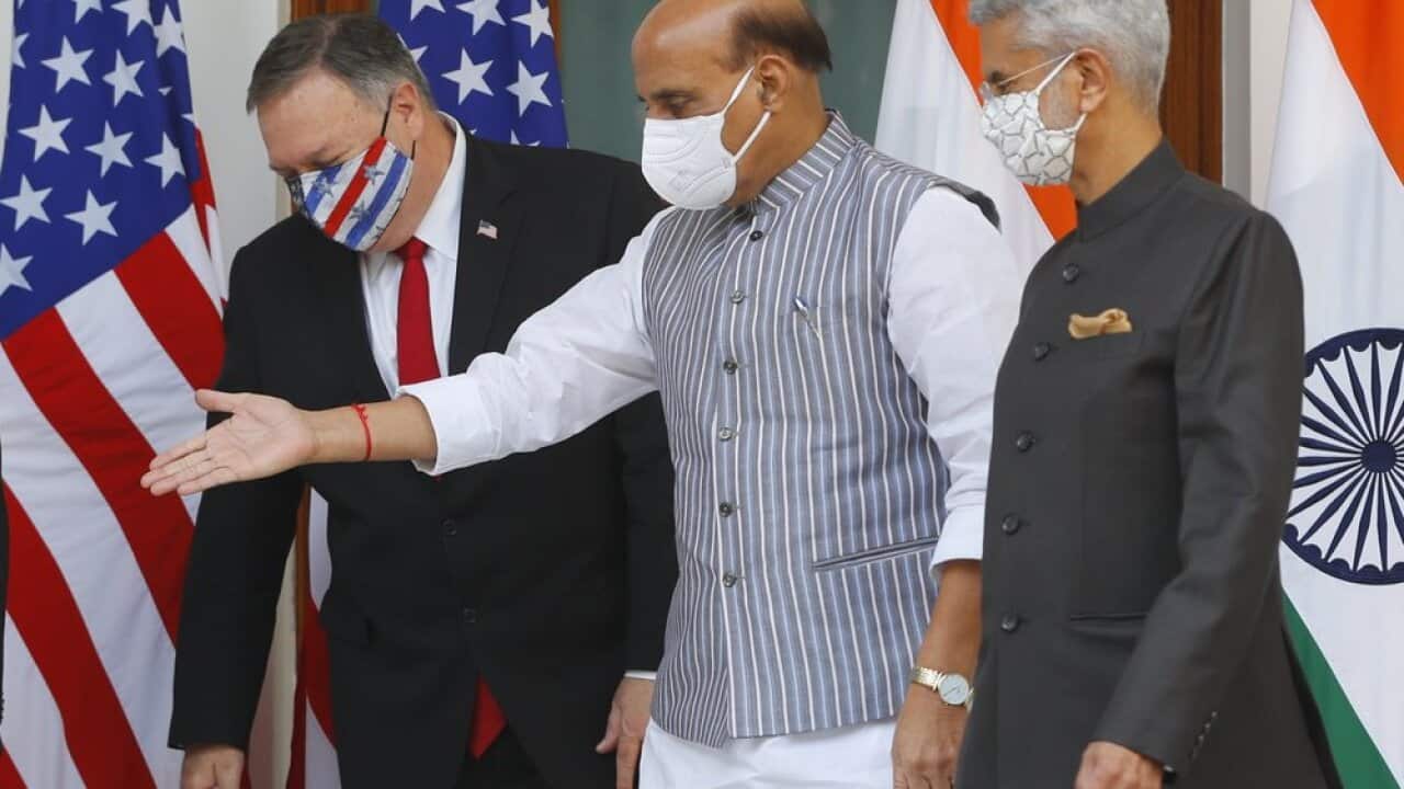 Bộ trưởng Quốc phòng Ấn Độ Rajnath Singh (giữa), Ngoại trưởng Mỹ Mike Pompeo (trái) và Ngoại trưởng Ấn Độ Subrahmanyam Jaishankar (phải) 27/10/2020