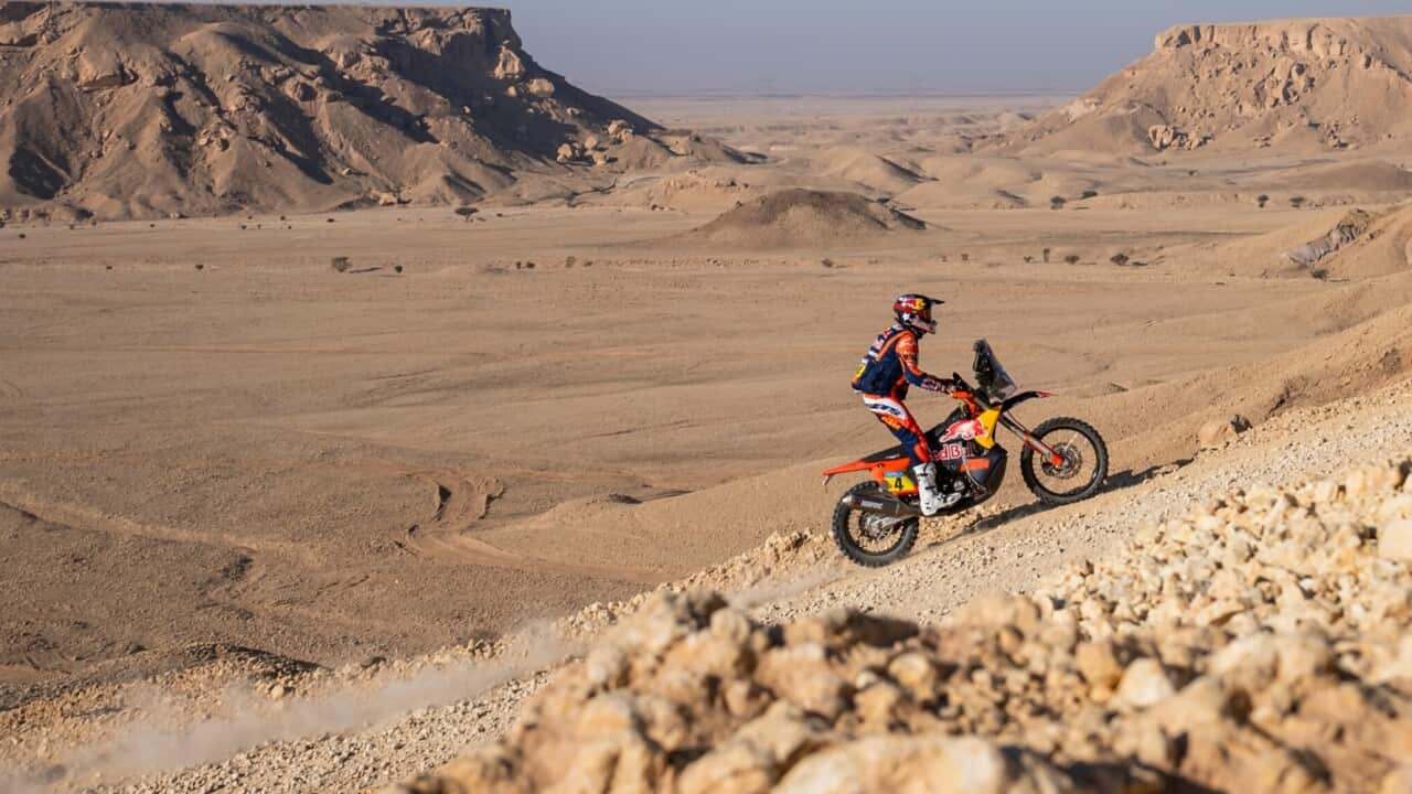 Daniel Sanders of Red Bull KTM Factory Racing tackles the terrain during a stage at the 2025 Dakar Rally.jpg
