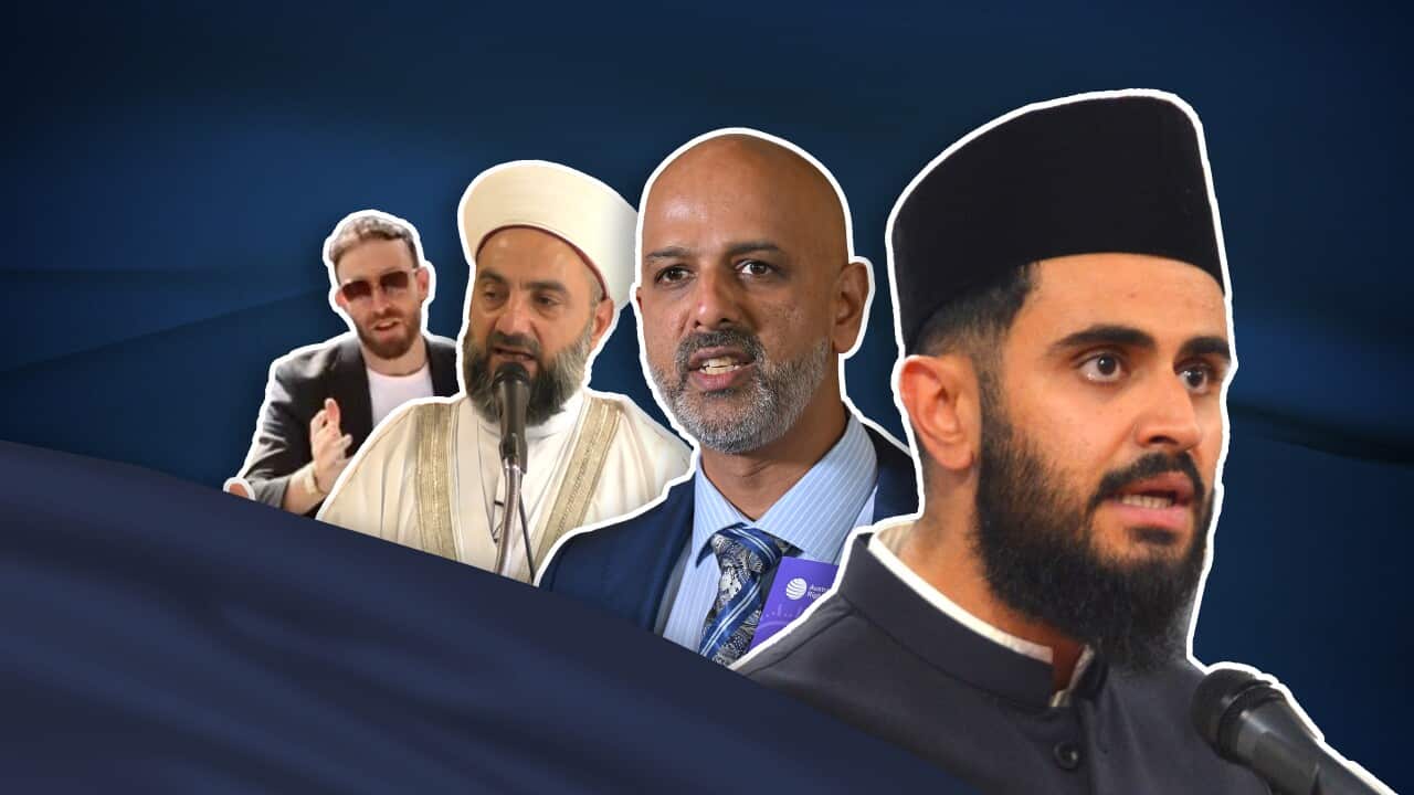 A graphic of four men, two of whom are wearing traditional attire.