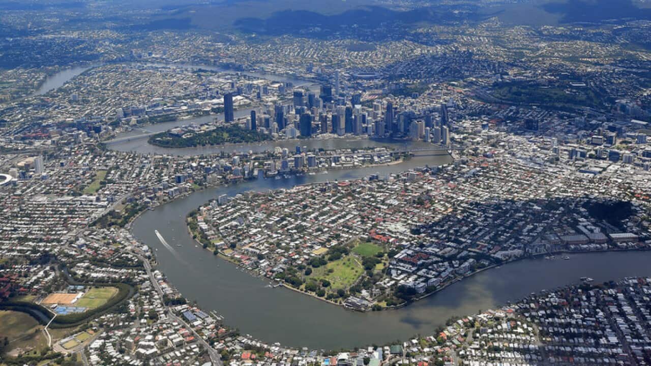 An aerial view of the Brisbane river and the city of Brisbane,