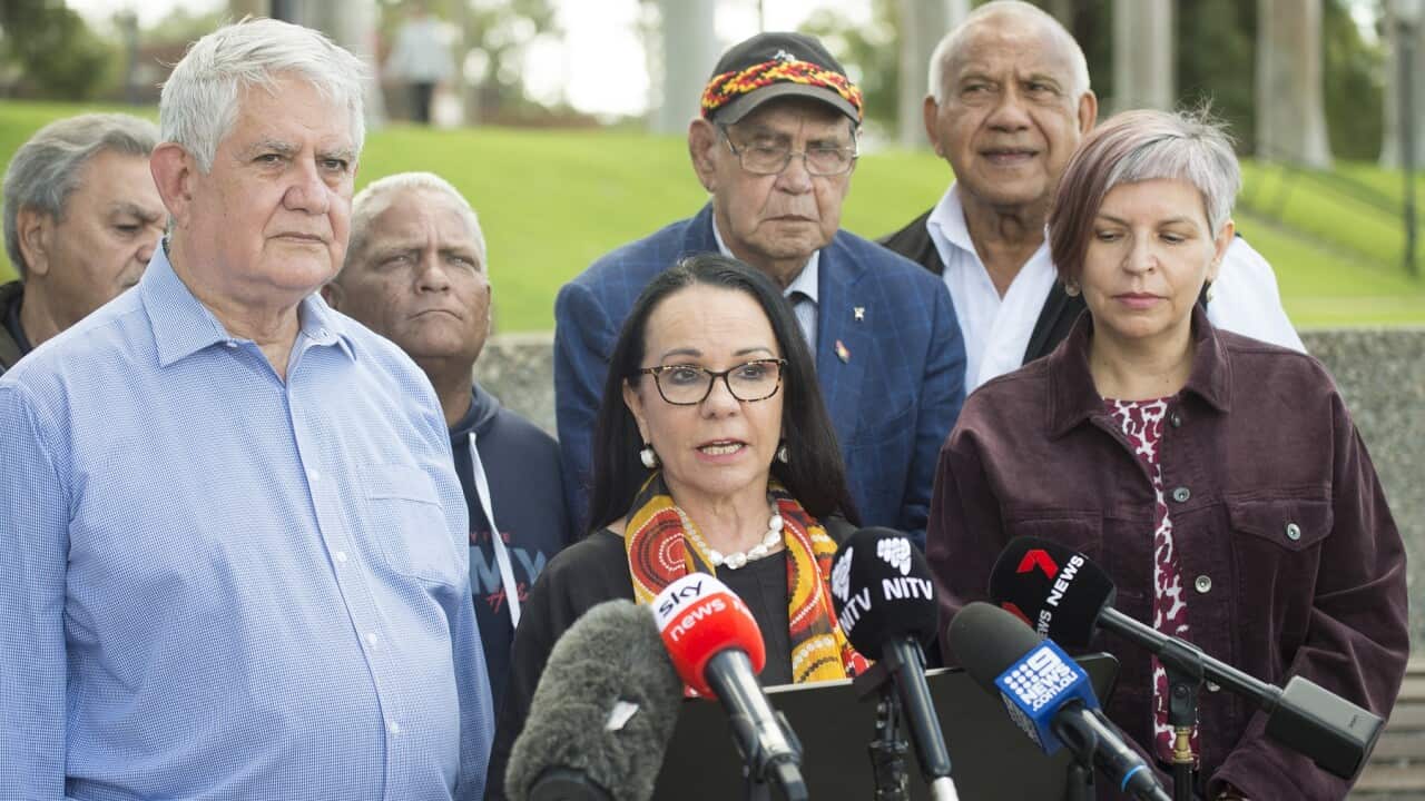 Minister for Indigenous Australians Linda Burney and former Liberal Indigenous Australians minister Ken Wyatt speak to media at Kings Park, in Perth. (AAP Image, Aaron Bunch).