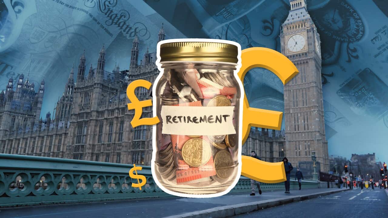An image of a jar of money, labelled 'retirement' overlaid on an image of London and dollar and pound symbols.