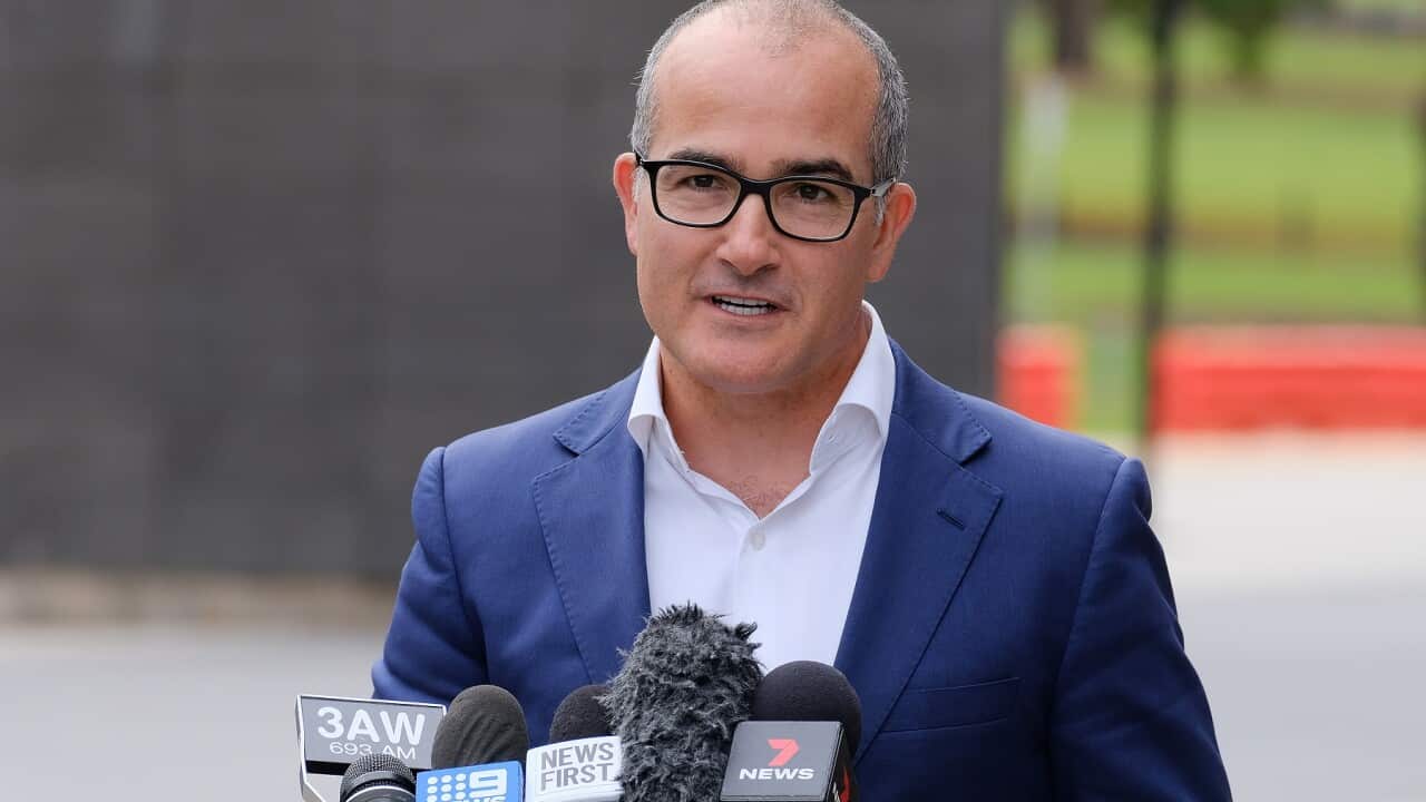 Acting Victorian Premier James Merlino speaks to the media during the announcement of the next round of Change Our Game Making the Call participants at the MCG in Melbourne, Tuesday, April 13, 2021. (AAP Image/Luis Ascui) NO ARCHIVING