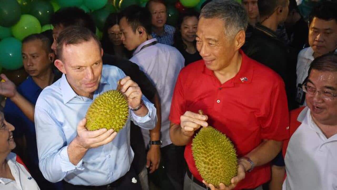 Tony Abbott and Lee Hsien Loong hold up durians