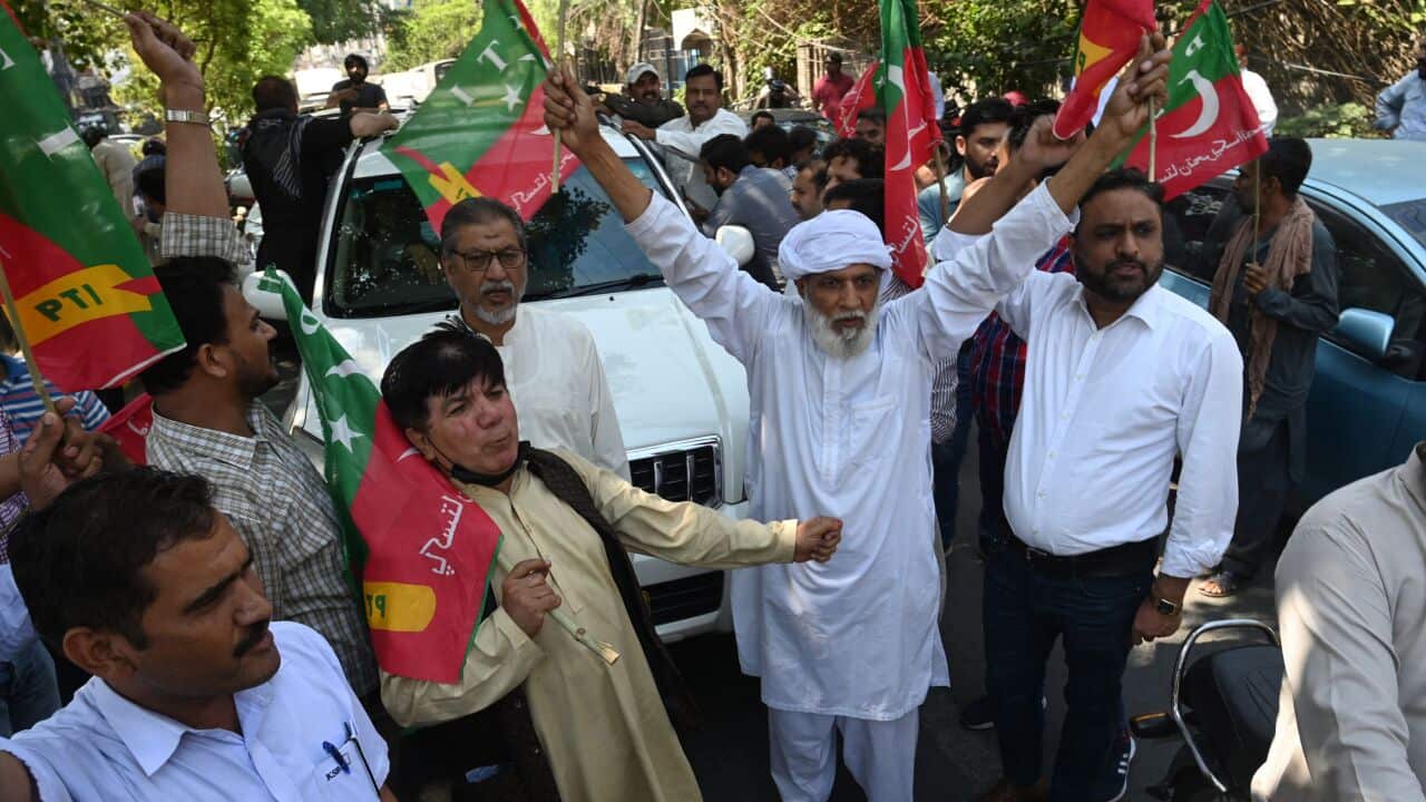 Activists of the Pakistan Tehreek-e-Insaf (PTI) party of ousted prime minister Imran Khan chant slogans during a protest against the arrest of hundreds of supporters