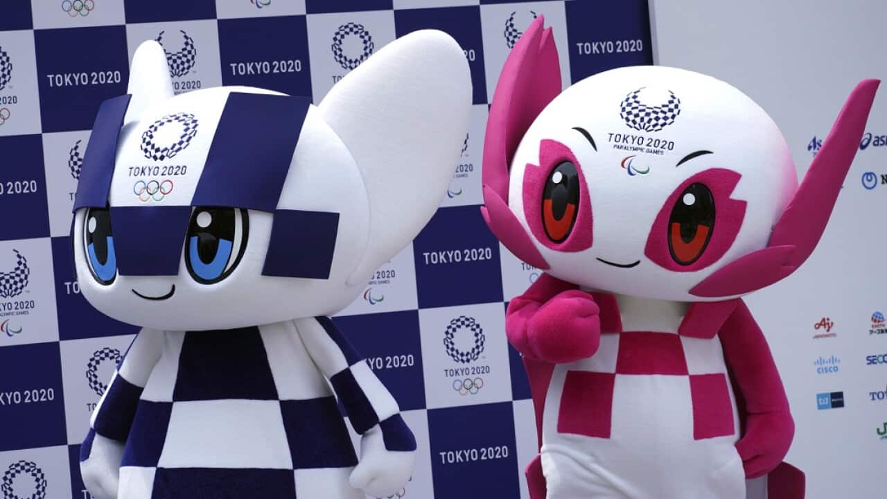 Tokyo 2020 Olympic mascot Miraitowa, left, and Paralympic mascot Someity, right.