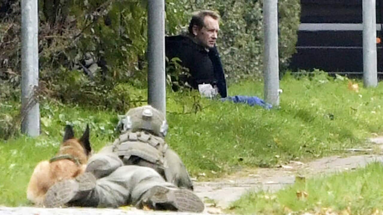 Photos from the scene showed Peter Madsen sitting on the grass next to a road a few hundred metres from the prison.
