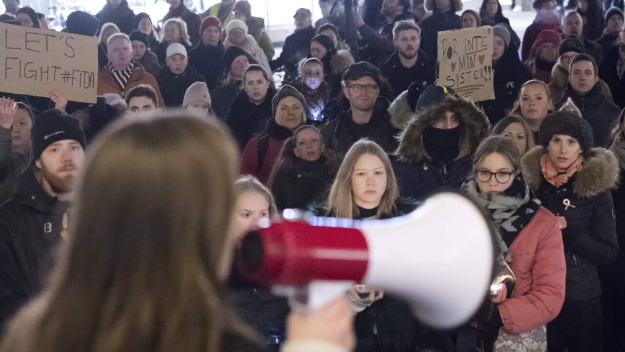 People take part in a demonstration against rape in Malmo, Sweden, 19 December 2017