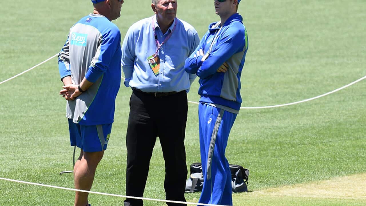 Australian coach Darren Lehmann, selector Rod Marsh and Steve Smith