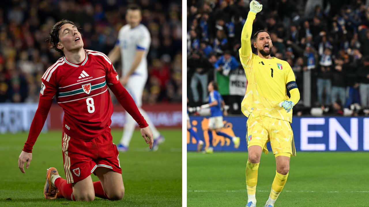 A composite image of a football player in red uniform next to one in yellow uniform celebrating