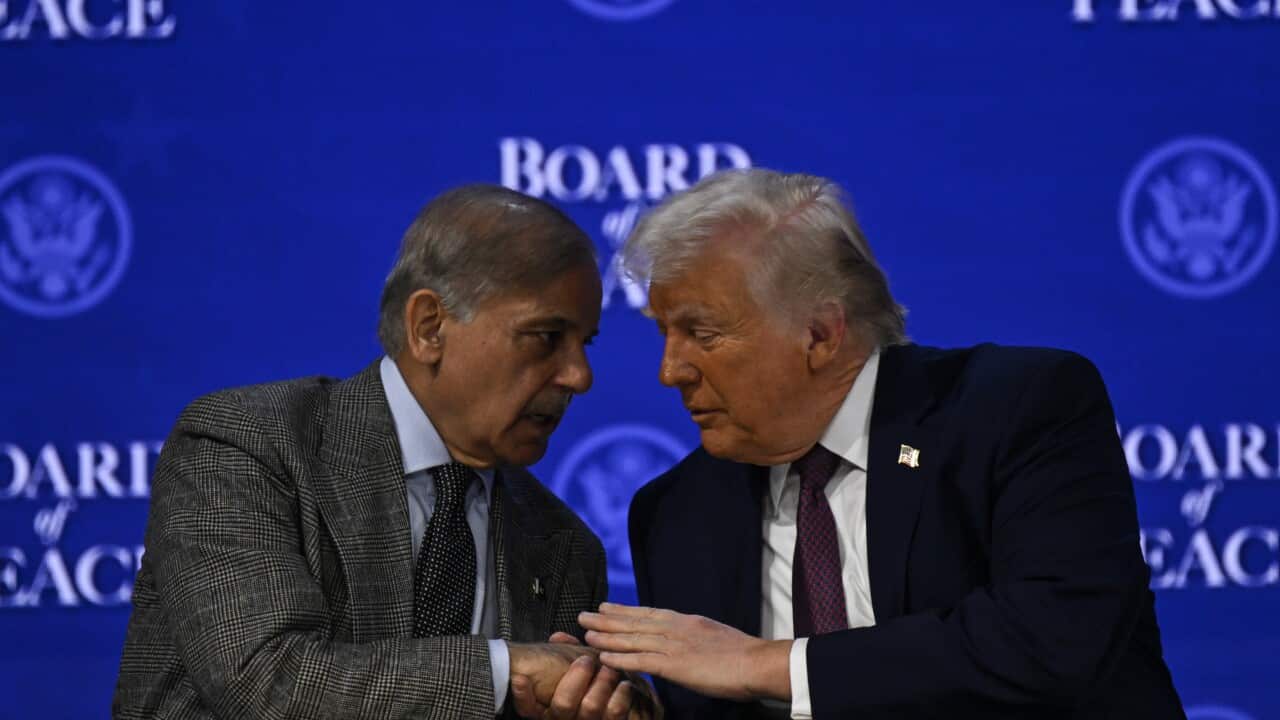 A medium shot depicts Pakistani Prime Minister Shehbaz Sharif and US President Donald Trump, both wearing suits, leaning in towards one another to share a private word over a table against a blue backdrop featuring a “Board of Peace“ logo.