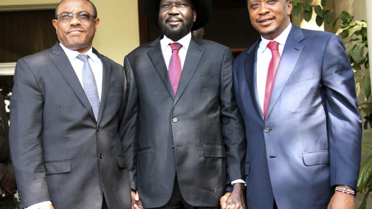 Ethiopian PM (L) South Sudanese President (C) and Kenyan President (R)