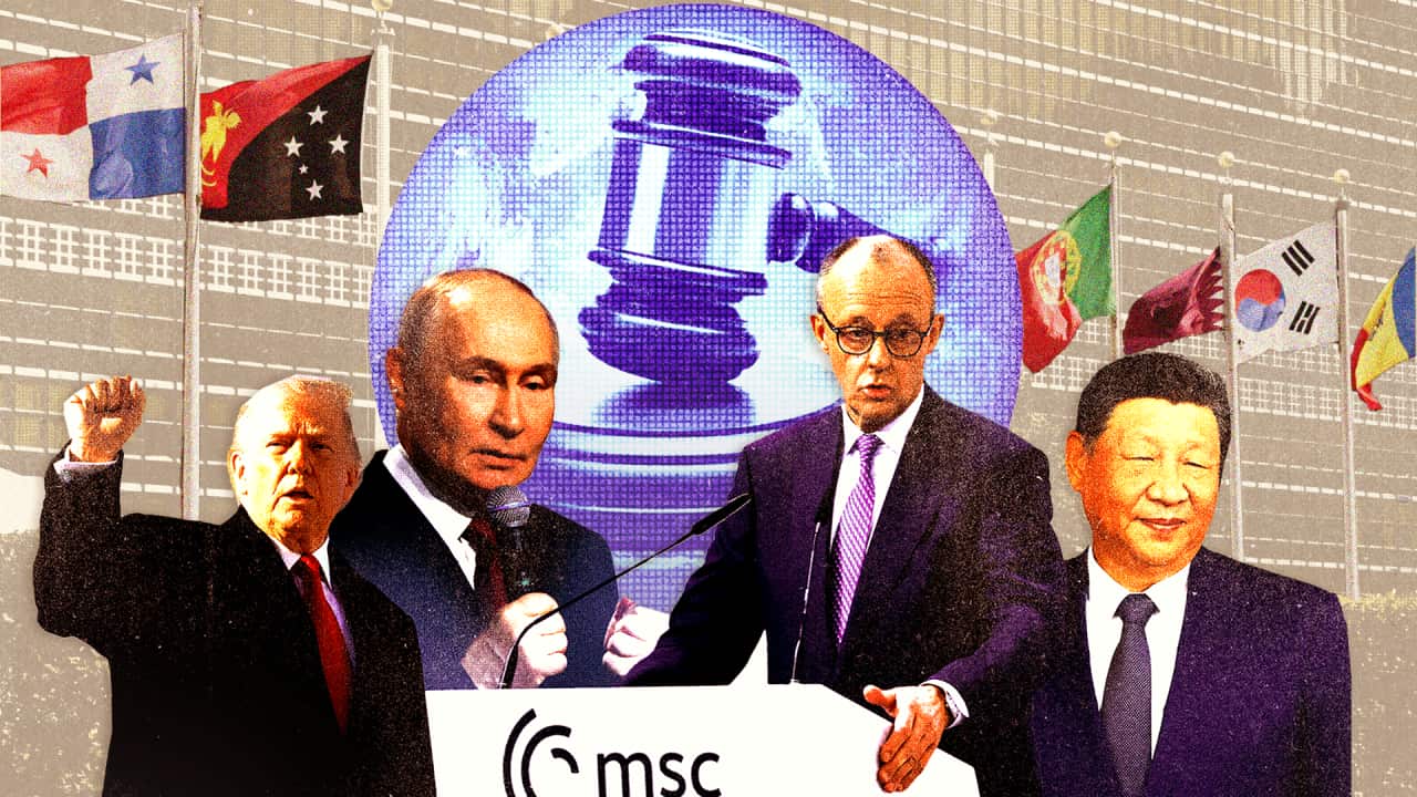 A composite image of four men in suits next to each other. A globe is behind them with a gavel imposed on it. In the background, world flags are on poles.