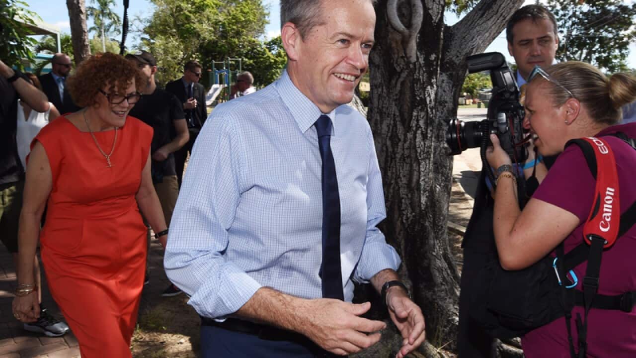 Bill Shorten leaves after a visit to Heatley State Primary School