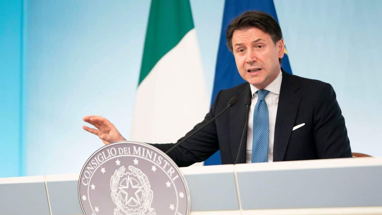 Italian Premier Giuseppe Conte during a press conference at Chigi Palace, Rome, Italy, 09 March 2020.