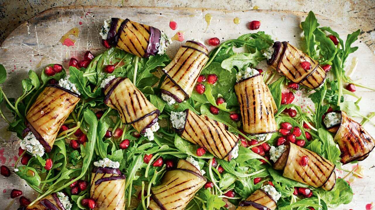Chargrilled eggplant and feta rolls