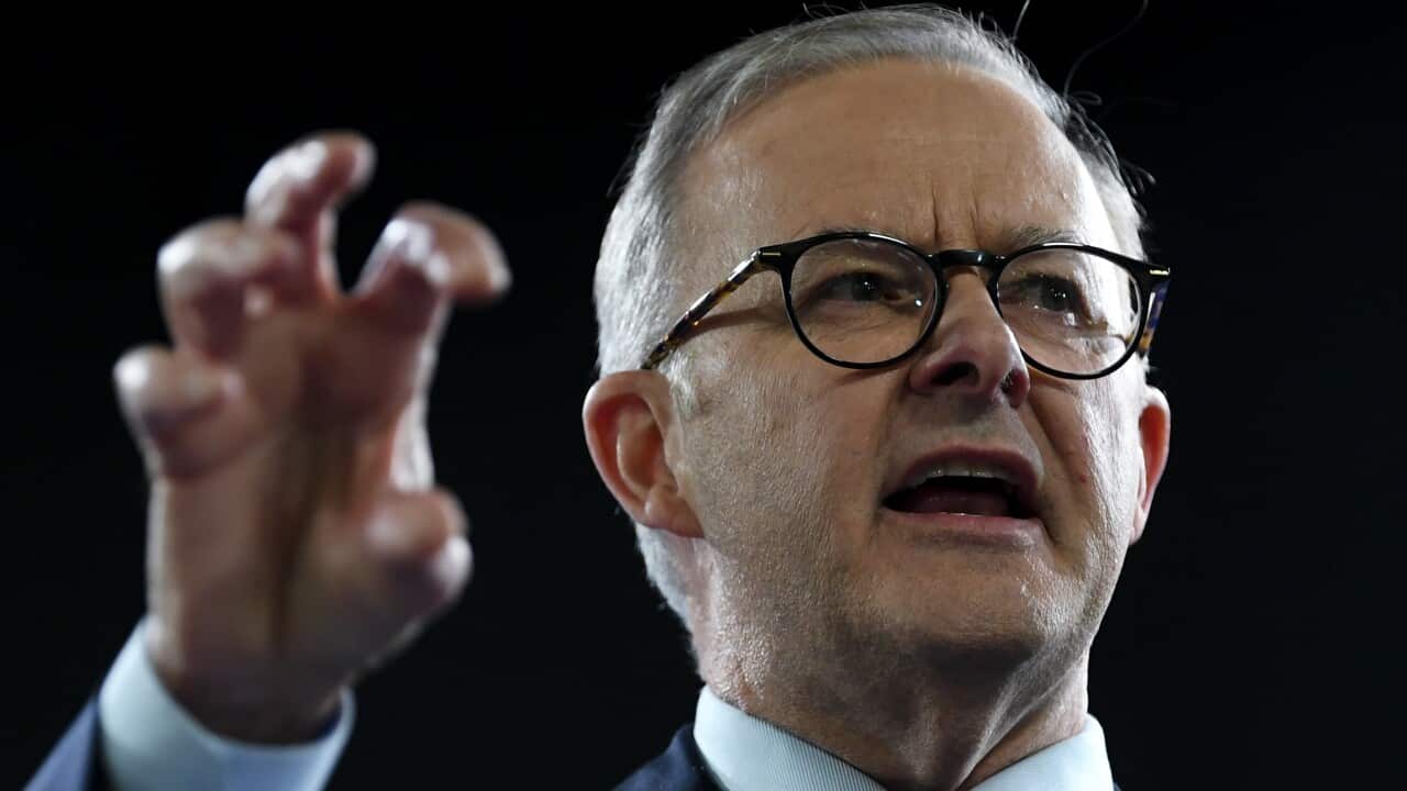 Australian Opposition Leader Anthony Albanese delivers his speech to the National Press Club on Day 38 of the 2022 federal election campaign in Canberra, Wednesday, May 18, 2022. (AAP Image/Lukas Coch) NO ARCHIVING