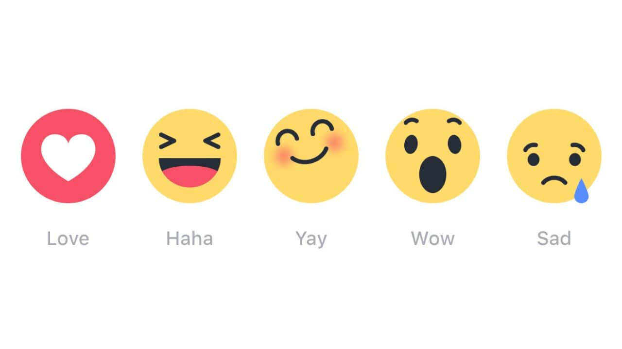 This image provided by Facebook shows its newly introduced "Reactions" buttons.