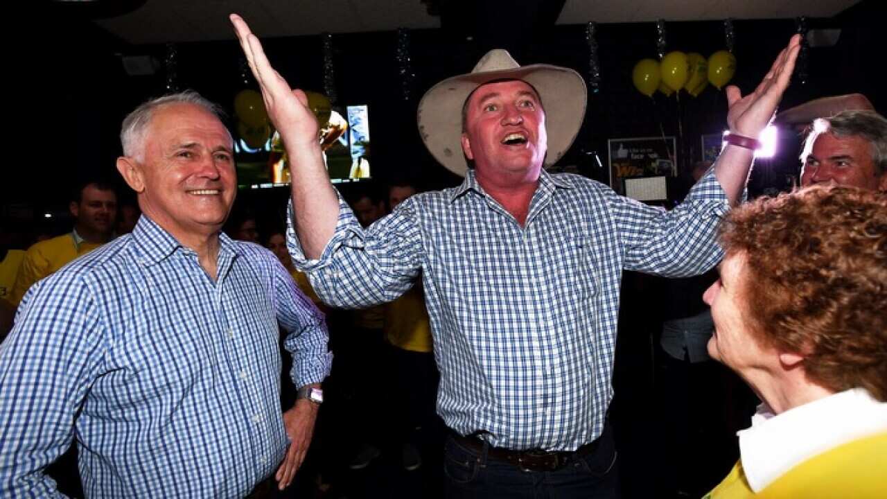 Barnaby Joyce and Prime Minister Malcolm Turnbull celebrate