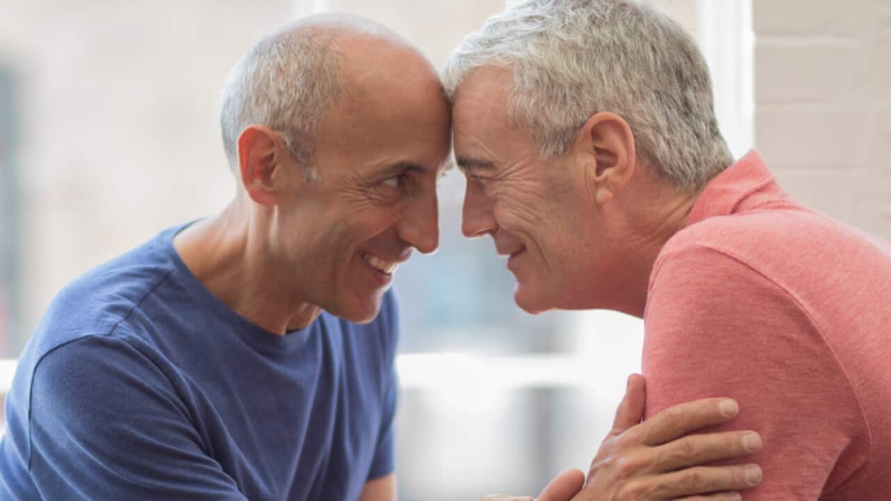 Senior Gay Couple Affectionately Looking at Each Other with Foreheads Touching