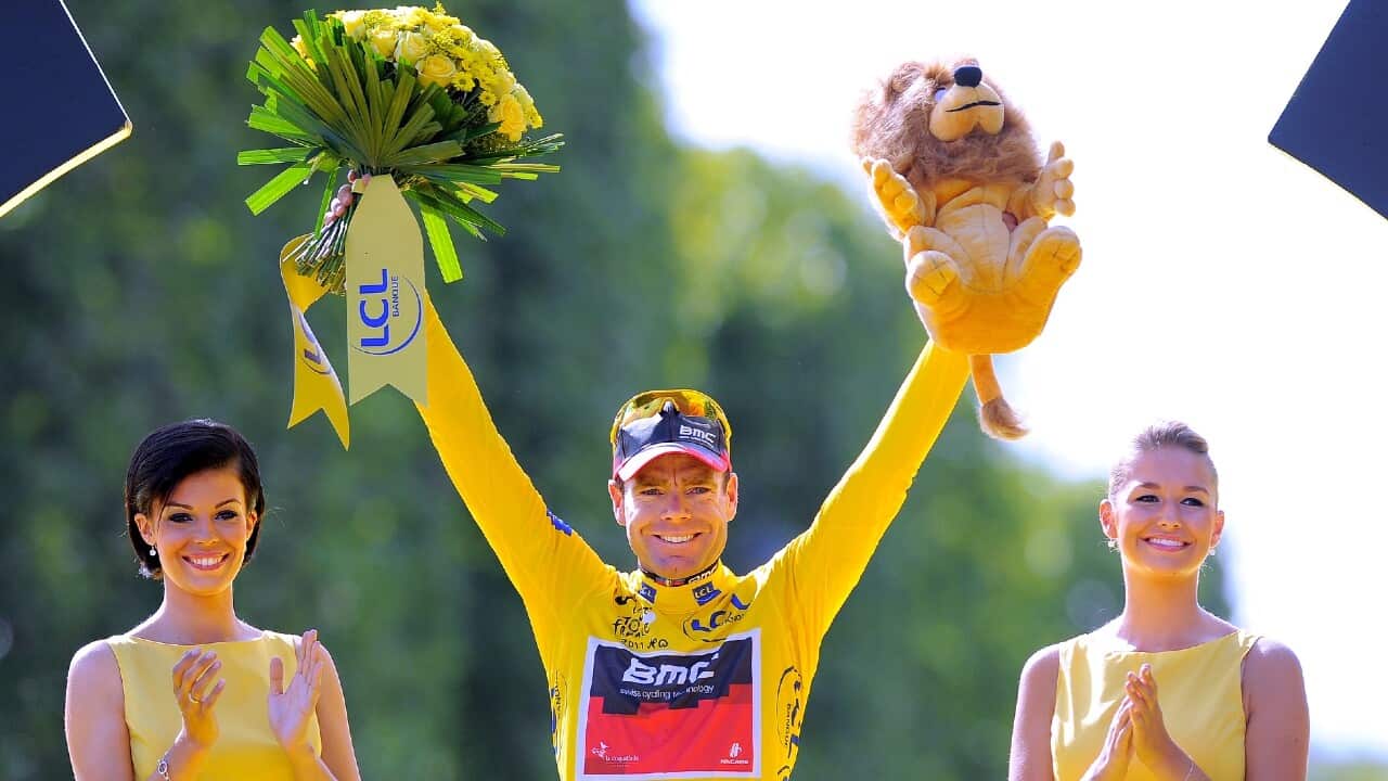 Cadel Evans celebrates his 2011 Tour de France triumph