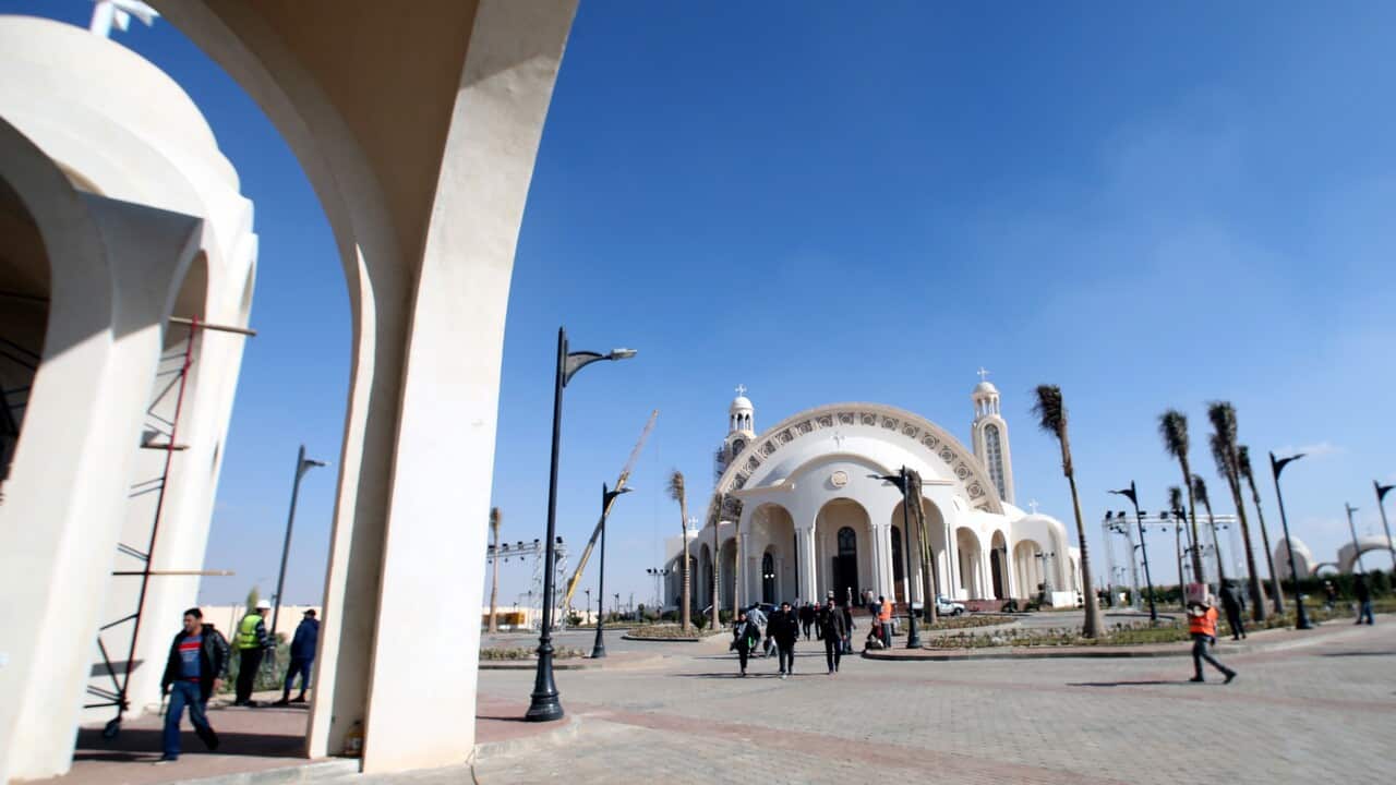 An exterior view of the newly-constructed Coptic Nativity of the Christ Cathedral at the new administrative capital.