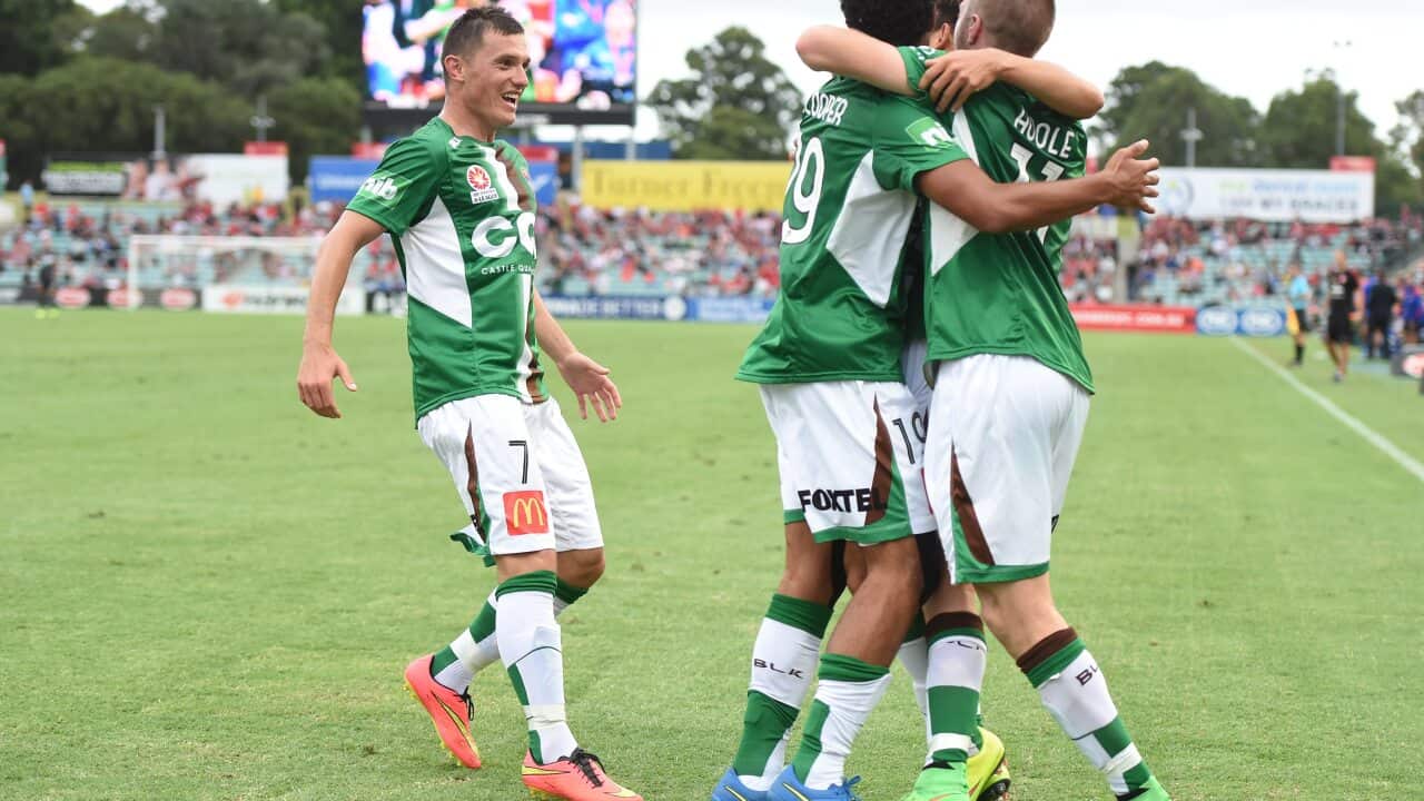 The Jets' celebrate Ki-je Lee's goal against the Wanderers during the round 22 A-League match between Western Sydney Wanderers and the Newcastle Jets in Sydney, Saturday, March 21, 2015. (AAP Image/Dean Lewins) NO ARCHIVING, EDITORIAL USE ONLY
