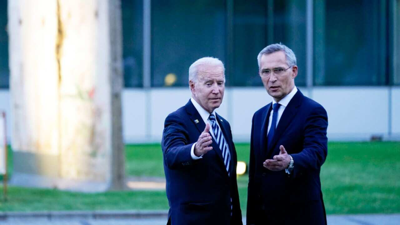President Joe Biden and NATO Secretary General Jens Stoltenberg during a visit to a September 11 memorial, in Brussels, 14 June, 2021.