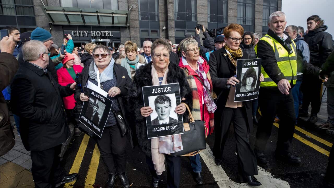 Families leaving the City Hotel in Derry City after the Public Prosecution Service announced that one solider will face prosecution for the murders of James Wray and William McKinney and the attempted murders of Joseph Friel, Michael Quinn, Joe Mahon and